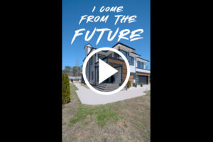 Modern luxury home with bold "I come from the future" text overlay—thumbnail for premium vertical real estate reel by NestVisions.